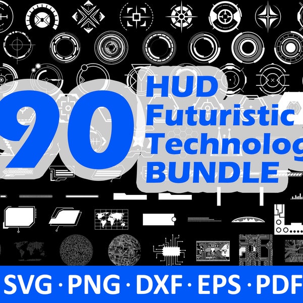90 HUD Futuristic Technology BUNDLE, Cyber Tech Elements, Instant Download. 5 clipart file formats!