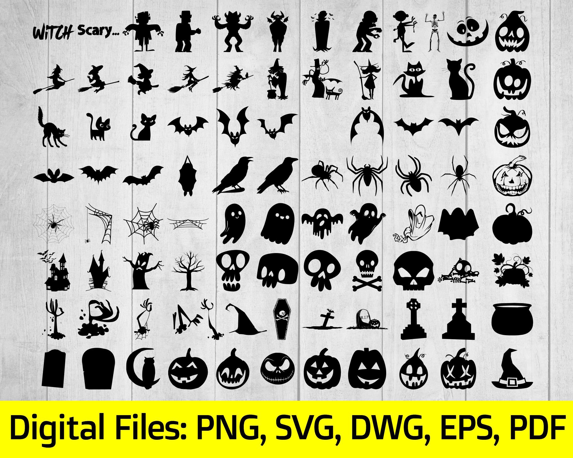 100 Halloween Symbols, Digital Download, File Formats Png, Svg, Dwg