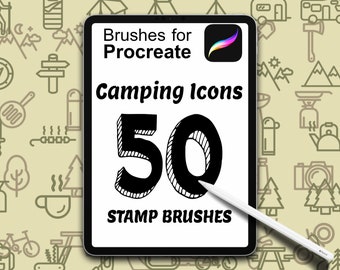 50 Procreate Camping Outdoor Icons, Silhouettes, Brushes, Use on iPad with Apple Pencil, Instant Download, High Quality Brush, Stamps