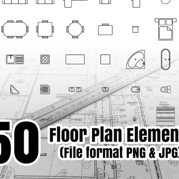 50 Floor Plan Elements, Filetype PNG & JPG, Interior , Instant Download