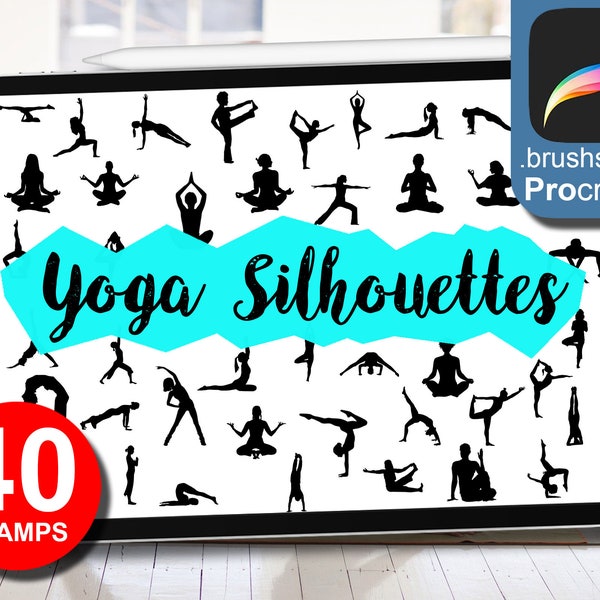 40 Yoga Silhouettes, Brushes for Procreate, Stamp, Use on iPad with Apple Pencil, Instant Download, High Quality Brush