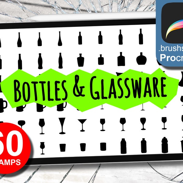 60 Bottles/Bottle & Glassware Silhouettes, Brushes for Procreate, Stamp, Use on iPad with Apple Pencil, Instant Download, High Quality Brush