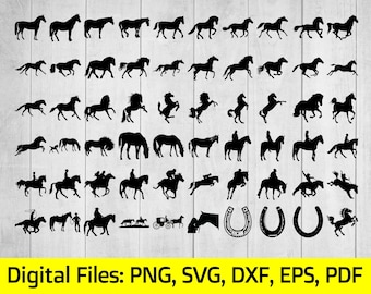 60 Horse Silhouettes, Digital Download, File Formats: Png, Svg, Dxf, Eps, Pdf. Laser Plasma cut, Engraver,CNC for cutting,Vector