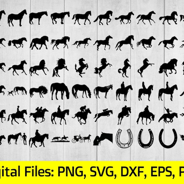 60 Horse Silhouettes, Digital Download, File Formats: Png, Svg, Dxf, Eps, Pdf. Laser Plasma cut, Engraver,CNC for cutting,Vector