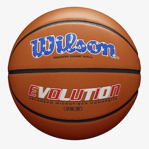 May include: A brown basketball with black stitching and the text "Wilson Indoor Game Ball" and "Evolution Advanced Microfiber Composite (28.6)" printed on it. The Wilson logo is in blue with white stars.