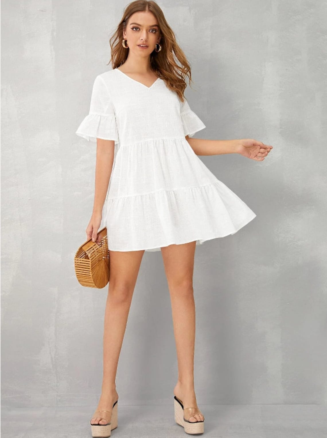 Vneck Layered Ruffle Hem Babydoll Dress Etsy