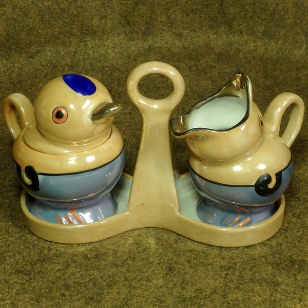 Lustreware Sugar and Creamer with Caddy ~ Made in Japan ~ Vintage 1930's/40's