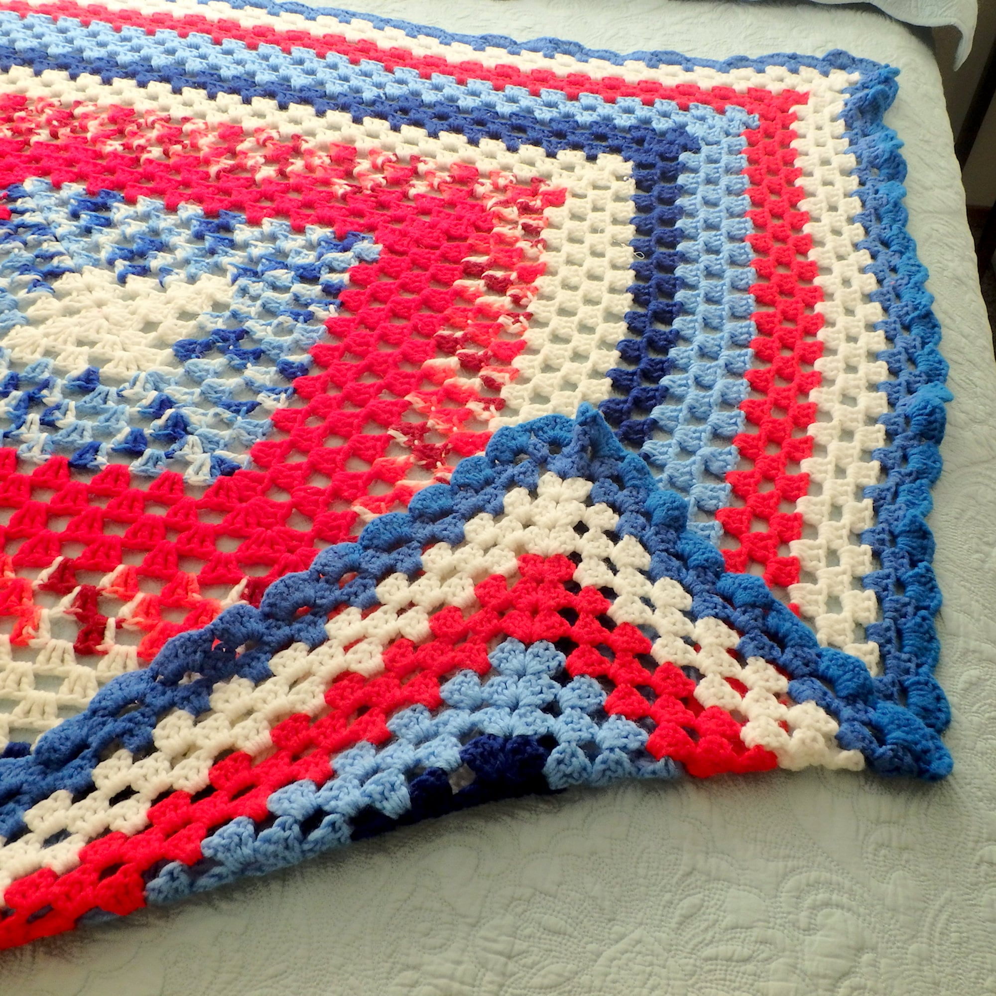 Vintage Red White Blue Stripe Crochet Afghan Throw Blanket 50”X 60”  Beautiful