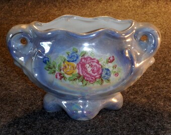 Blue Lustreware Planter - Floral Design