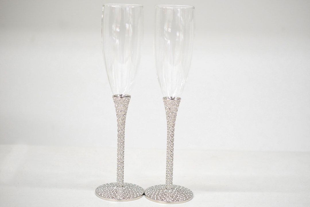 Personalized Silver Rhinestone Crystals Wedding Flutes, Toasting ...