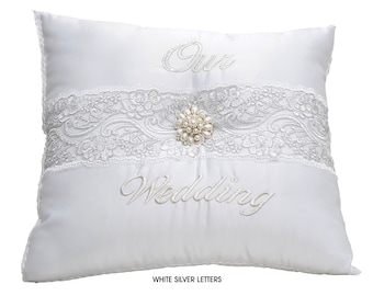 White or Ivory Wedding Kneeling Pillows Set, Embroidered Our Wedding Kneeling Pillows, Satin Kneeling Pillows (Set of 2)