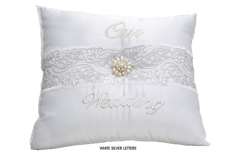 White or Ivory Wedding Kneeling Pillows Set, Embroidered Our Wedding