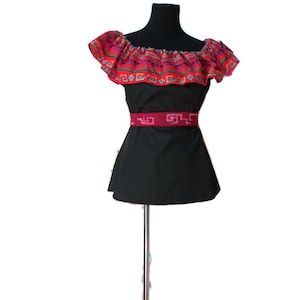 Traditional Mexican Style Blouse, Black Red women Clothes, Grecas Aztecas, Blusa Campesina Mexicana, Aztec Tribal Ethnic Style, indigenous