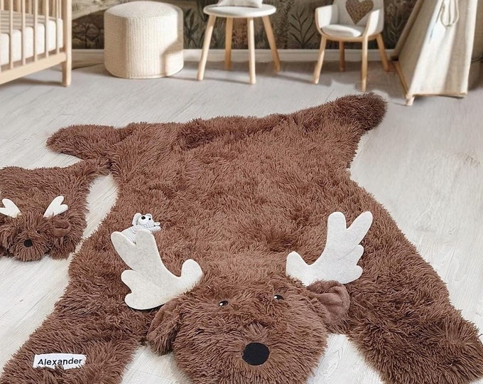 Personalized Deer Nursery Rug, Custom Baby Floor Mat, Woodland Animal Play Rug, Shaggy Kids Room Carpet, 3 Sizes Available