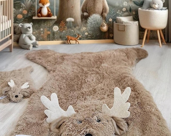 Personalized Plush Deer Nursery Rug, Soft Minky Animal Playmat, Customizable Children's Room Decor, Unique Handmade Baby Shower Gift