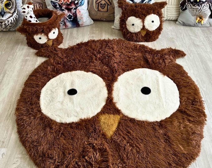 Brown Owl Nursery Rug - Soft Plush Owl Rug for Baby Room - Woodland Animal Decor - Round Shaggy Minky Owl Carpet - Cute Kids Room Rug
