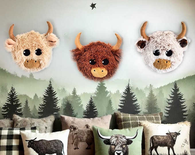 Highland Cow Wall Mount – Fluffy Animal Head Decor for Kids Room, Nursery Wall Art in Multiple Colors, Woodland Style