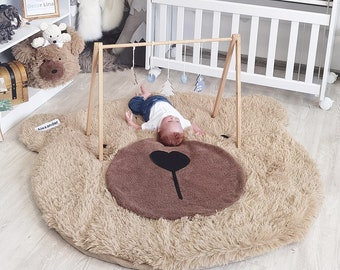Personalized Bear Rug: Faux Fur Nursery Decor, Warm Taupe