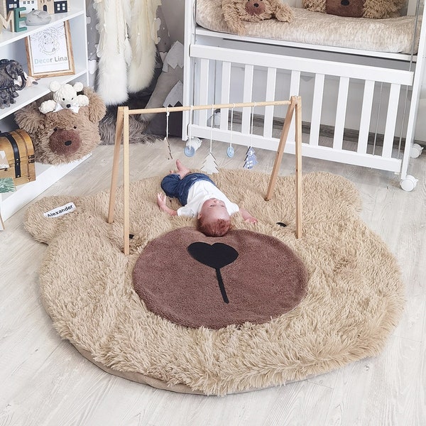 Woodland Nursery Bear Rug - Personalized Faux Fur Animal Rug for Baby Boy, Girl | Decorative Area Rug for Baby Shower, Nursery Decor
