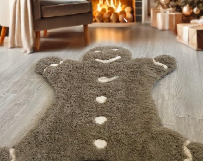 Personalized Gingerbread Man Nursery Rug – Shaggy Minky Play Mat, Christmas Decor, Kids Room Floor Decor, Holiday Baby Gift