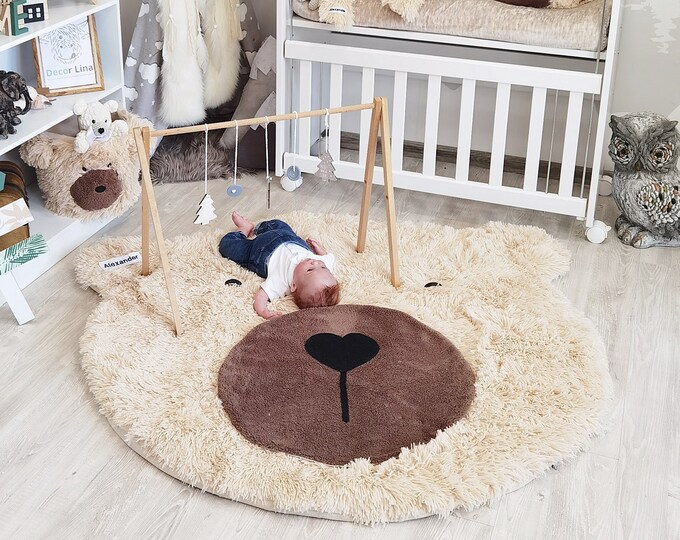 Personalized Bear Nursery Rug - Custom Name Baby Room Decor - Soft Shaggy Minky Playmat - Cozy Animal Floor Mat - Kids Cuddly Carpet