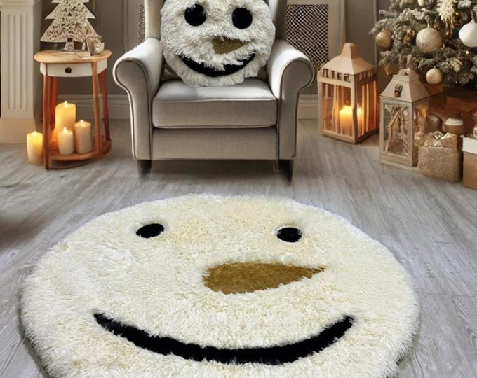 Snowman Rug for Kids Room - Shaggy Minky Snowman Face Carpet, Winter Nursery Decor, Personalized Christmas Playroom Mat