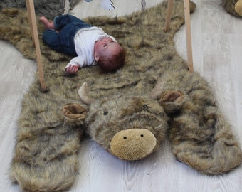 Faux Fur Woodland Cow Nursery Rug for Boys and Girls, Soft and Plush Rug for Baby's Room Decor, Pictured Rug: 35" X 29"