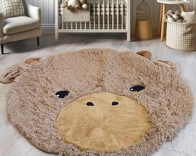 Highland Cow Rug for Kids Room - Soft Shaggy Nursery Rug - Personalized Baby Playmat - Animal Shaped Floor Mat Decor