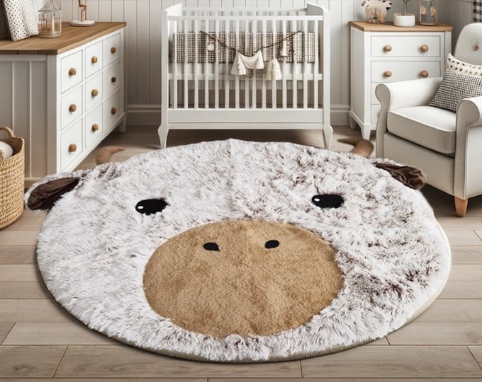 Highland Cow Nursery Rug - Soft Plush Farm Animal Playmat, Baby Room Decor, Cozy Farmhouse Baby Shower Gift, Unique Kids Mat