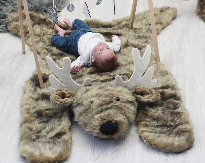Personalized Deer Nursery Rug: Handmade Faux Fur Woodland Playmat