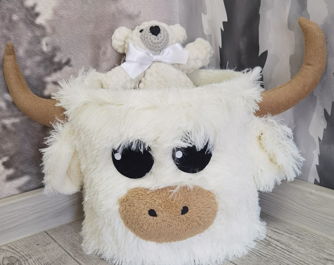 Personalized Highland Cow Nursery Basket - Handmade Baby Shower Storage, Farm Animal Decor, Unique Cow Easter Organizer, Newborn Gift