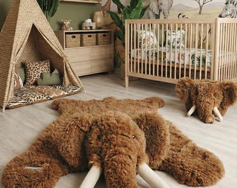 Tapis de chambre d'enfant mammouth, tapis de jeu avec nom personnalisé, décoration boisée en fausse fourrure, cadeau à monogramme