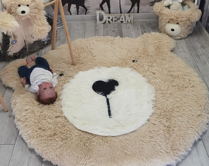 Fluffy Bear Rug for Baby Boy Nursery - Personalized Woodland Adventure Theme Decor, Cozy Baby Room Gift