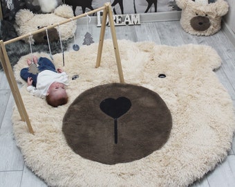 Woodland Bear Nursery Rug - Faux Fur Adventure Nursery Decor, Animal Shaped Fluffy Rug for Baby Shower, Customizable Size