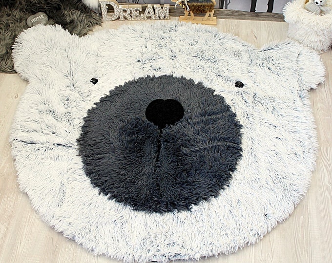 Adventure Woodland Bear Nursery Rug - Soft Faux Fur Animal Area Rug for Boy's Nursery, Perfect Baby Shower Gift