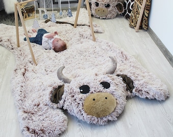 Cow Nursery Rug, Farm Animal decor, Faux Fur New Baby Gift, Woodland Kids Rug Delight, Featured in Frosted White/Brown, Size 58" x 48"