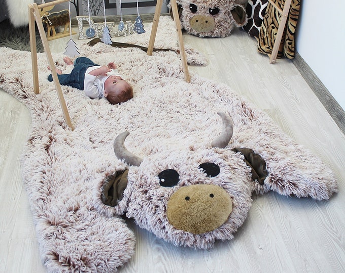 Cow Nursery Rug, Farm Animal decor, Faux Fur New Baby Gift, Woodland Kids Rug Delight, Featured in Frosted White/Brown, Size 58" x 48"