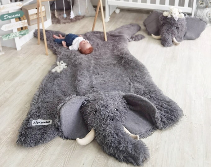 Customizable Grey Elephant Plush Rug for Nursery, Soft Safari Playmat, Personalized Baby Room Floor Mat, Handmade Animal-Themed Decor