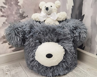 Plush Bear Basket for Nursery - Soft Woodland Animal Toy Storage, Handmade Kids Room Organizer, Custom Baby Room Decor, Unique Gift