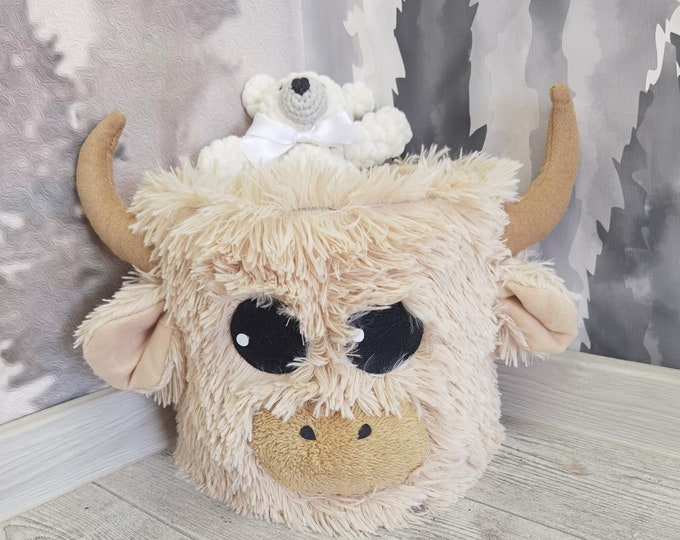 Highland Cow Nursery Basket - Farmhouse Decor and Woodland-inspired Baby Gift with Cow Rug, Pictured Rug: 58" X 48"