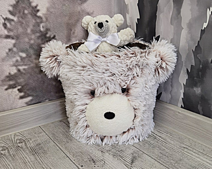 Charming Plush Bear Basket for Nursery - Custom Child's Room Decor, Woodland-Themed Toy Storage, Unique Soft Bear Bin, Handmade Gift