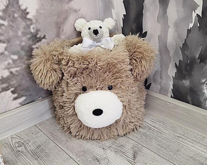 Personalized Bear Toy Basket - Handmade Nursery Storage, Soft Minky Fabric, Cute Kids Room Decor, Custom Baby Organizer