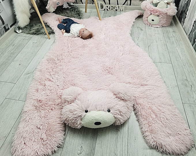 Personalized Fluffy Bear Rug for Girl's Nursery | Woodland Adventure Theme Decor | Soft Bear Nursery Rug for Baby Shower