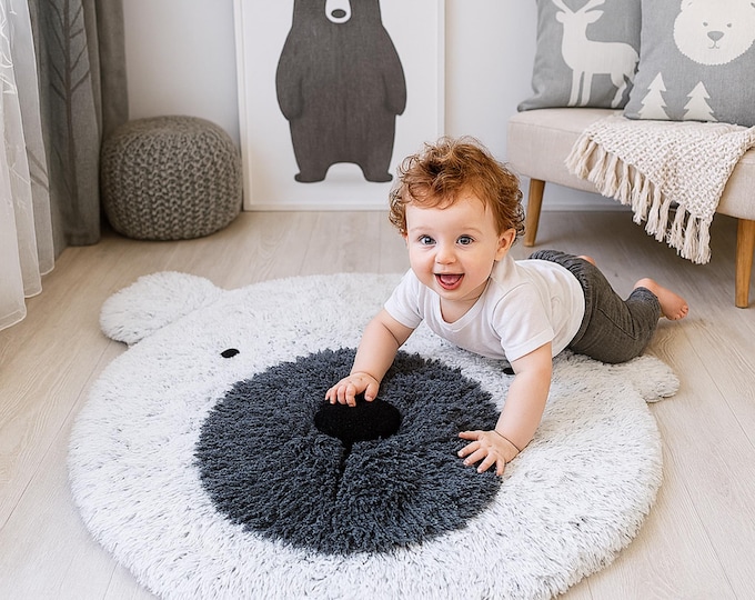 Round Bear Nursery Rug - Personalized White Gray Shaggy Play Mat, Baby Gift