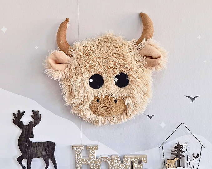Highland Cow Head Wall Mount, Plush Animal Nursery Decor, Farm Theme Wall Art, Fluffy Cow Head for Kids Room