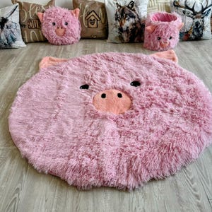 Rosa Schwein Kinderzimmer Teppich - Shaggy Minky Tier Spielteppich - Runder Bauernhof Tier Teppich für Kinderzimmer - Baby Bodenmatte - Schwein Kinderzimmer Dekor