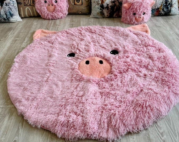 Pink Pig Nursery Rug - Shaggy Minky Animal Play Mat - Round Farm Animal Rug for Kids Room - Baby Floor Mat - Pig Nursery Decor