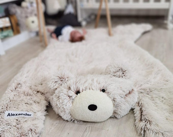 Woodland Bear Nursery Rug - Personalized Baby Boy Room Decor, Shower Gift