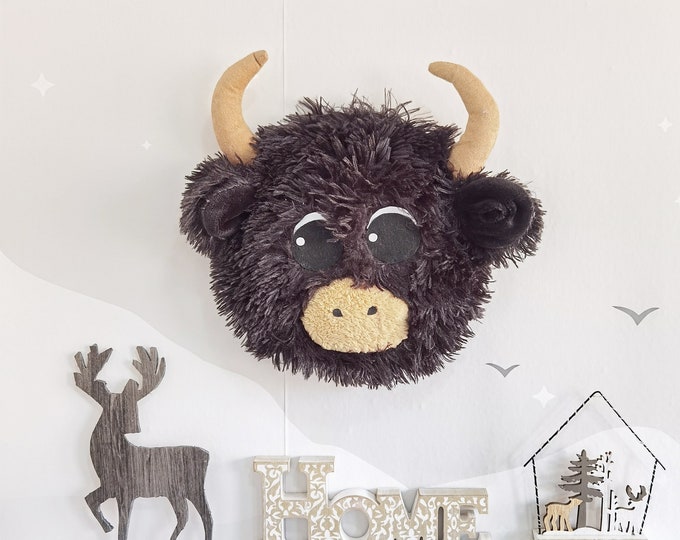 Handmade Plush Cow Head Wall Mount - Woodland Nursery Decor, Customizable Animal Wall Art, Cozy Farmhouse Kids Room, Unique Baby Gift