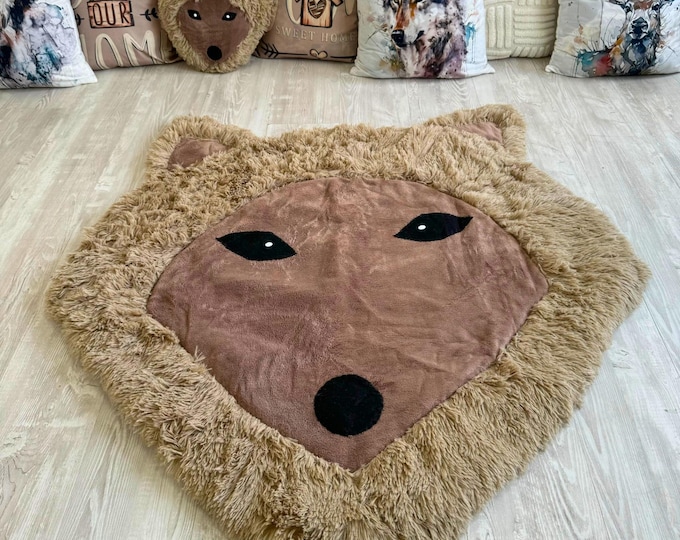 Brown Wolf Rug - Soft Shaggy Play Mat for Baby Room, Plush Animal Carpet, Cozy Nursery Decor